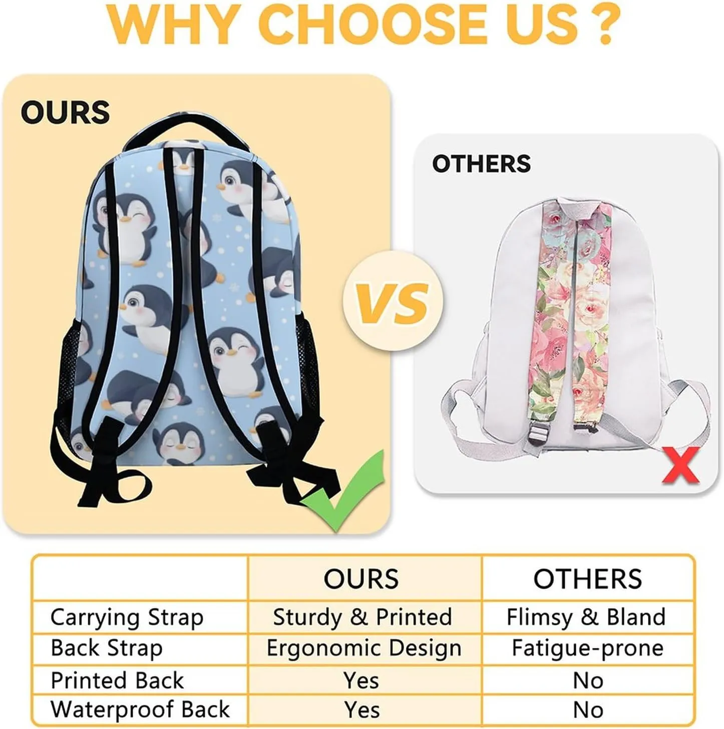 Personalized Penguin Backpacks for Girls, 16 Inch Cute Backpack for School, Blue, Large Capacity, Durable, Lightweight Bookbag for Boys Travel