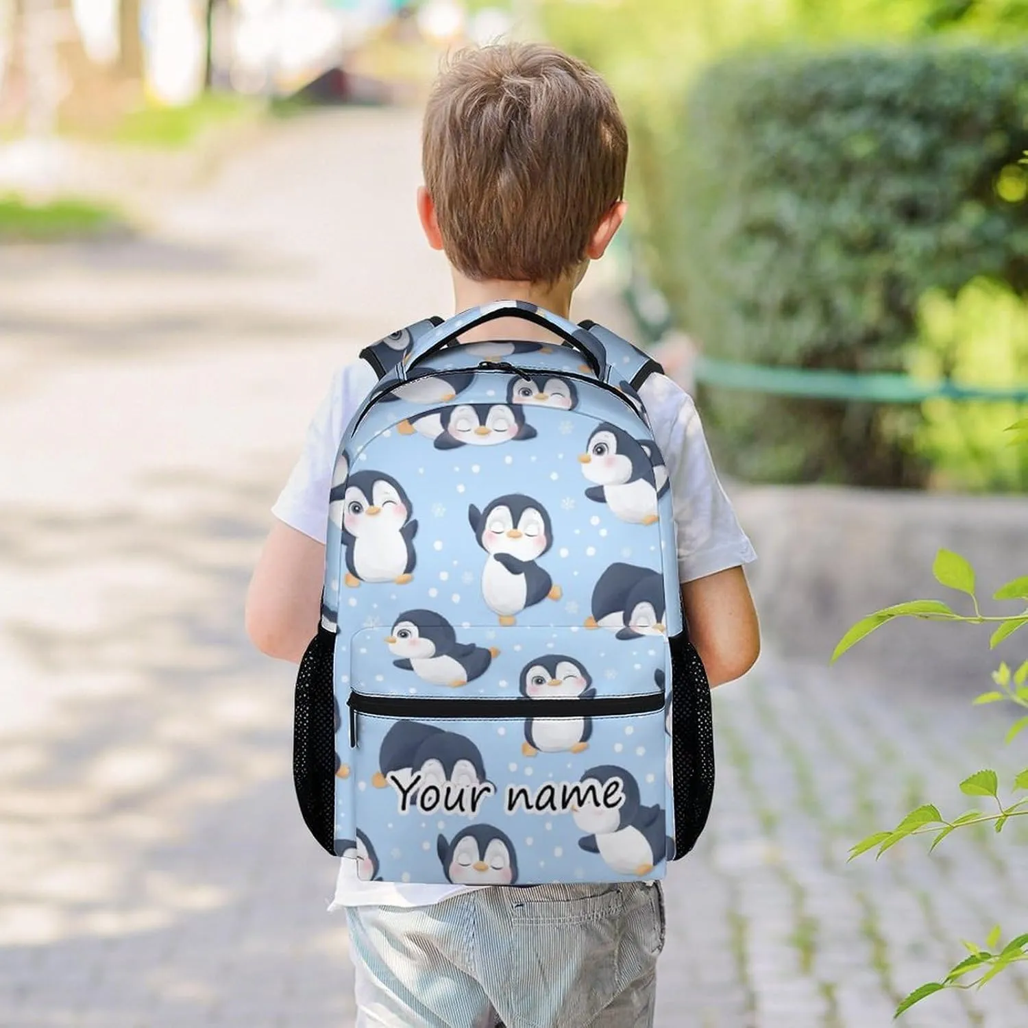 Personalized Penguin Backpacks for Girls, 16 Inch Cute Backpack for School, Blue, Large Capacity, Durable, Lightweight Bookbag for Boys Travel