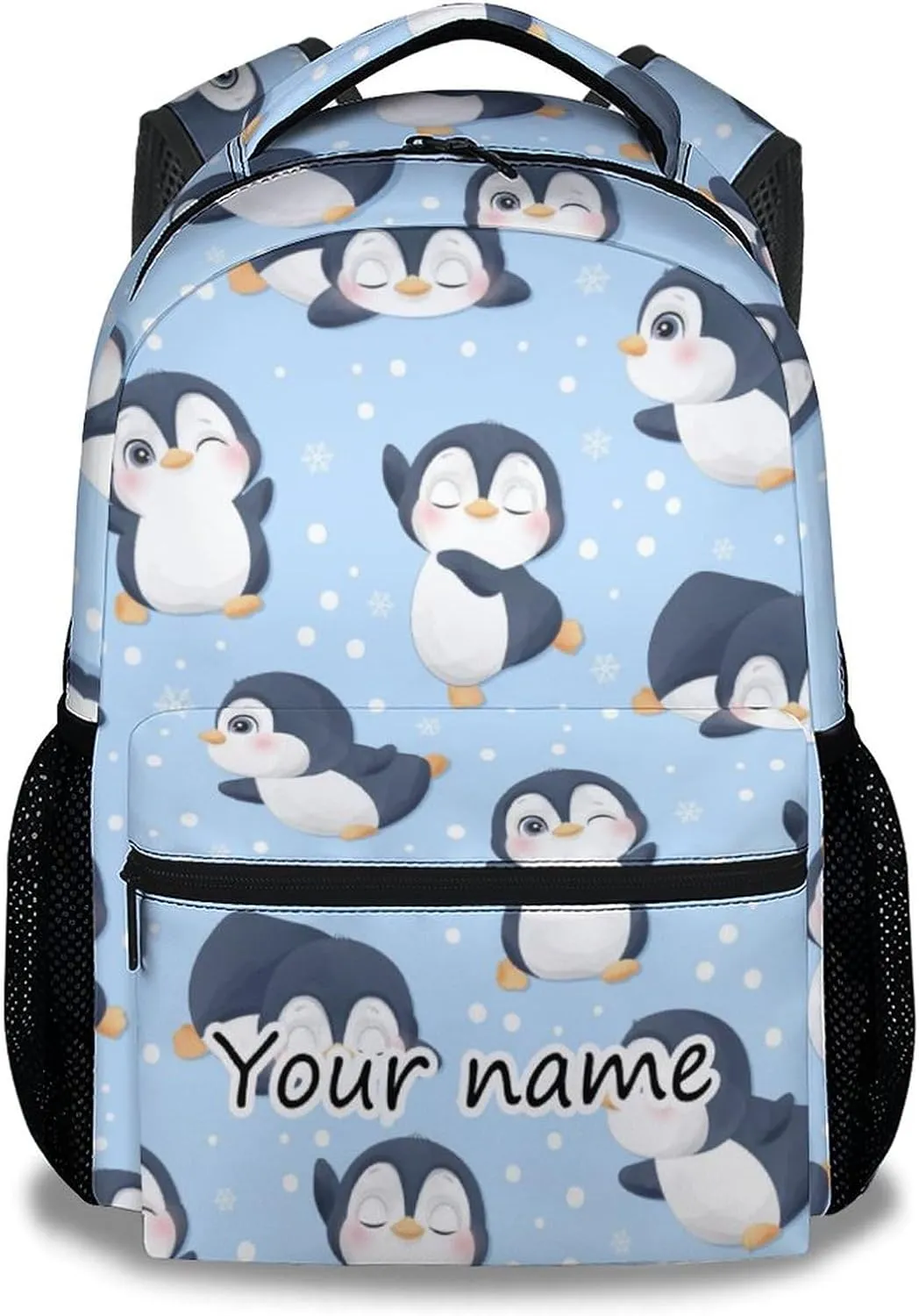 Personalized Penguin Backpacks for Girls, 16 Inch Cute Backpack for School, Blue, Large Capacity, Durable, Lightweight Bookbag for Boys Travel