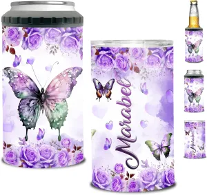 Personalized Purple Butterfly Can Cooler 4-in-1 Insulated 16oz Tumbler With Lid For Girls Mom Women Butterflies Lovers Mothers Day Birthday Christmas Beer Holder Double Walled Cups Works All 12oz Cans