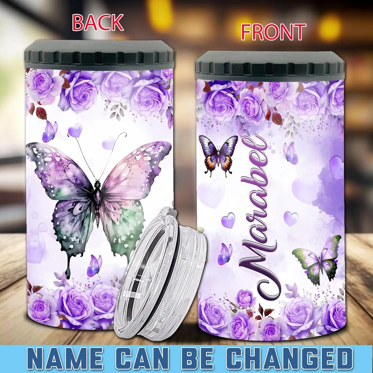 Personalized Purple Butterfly Can Cooler 4-in-1 Insulated 16oz Tumbler With Lid For Girls Mom Women Butterflies Lovers Mothers Day Birthday Christmas Beer Holder Double Walled Cups Works All 12oz Cans