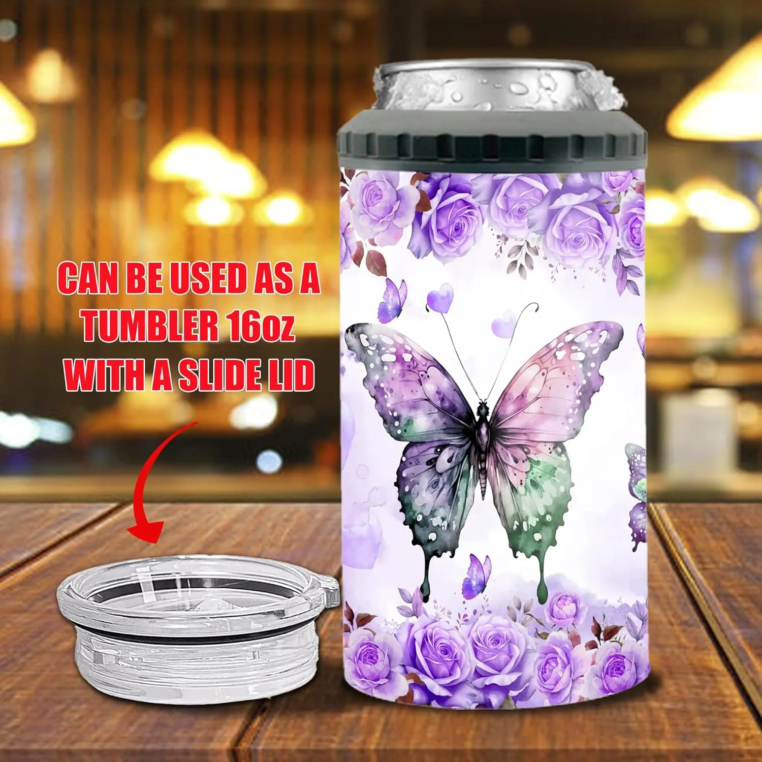 Personalized Purple Butterfly Can Cooler 4-in-1 Insulated 16oz Tumbler With Lid For Girls Mom Women Butterflies Lovers Mothers Day Birthday Christmas Beer Holder Double Walled Cups Works All 12oz Cans