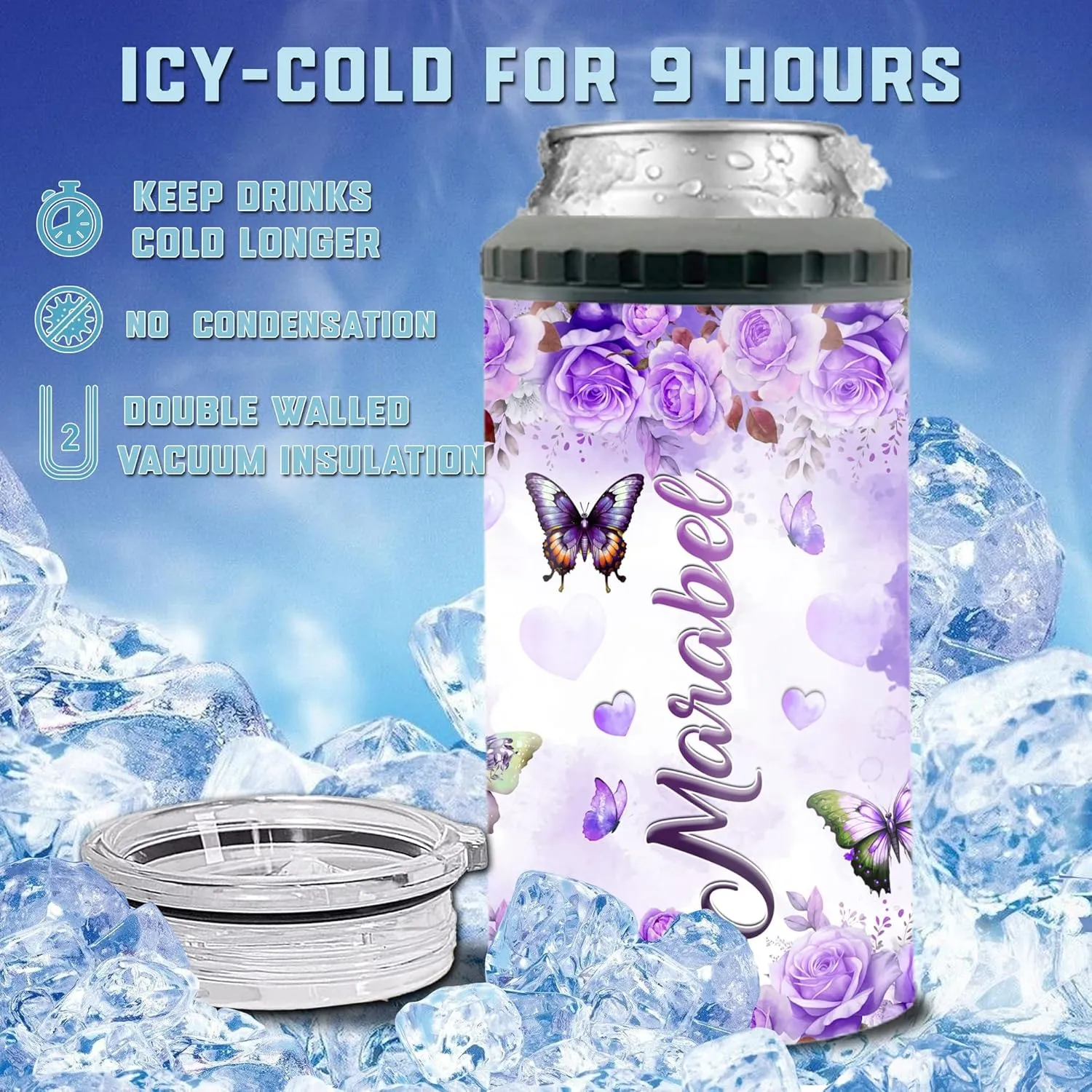 Personalized Purple Butterfly Can Cooler 4-in-1 Insulated 16oz Tumbler With Lid For Girls Mom Women Butterflies Lovers Mothers Day Birthday Christmas Beer Holder Double Walled Cups Works All 12oz Cans