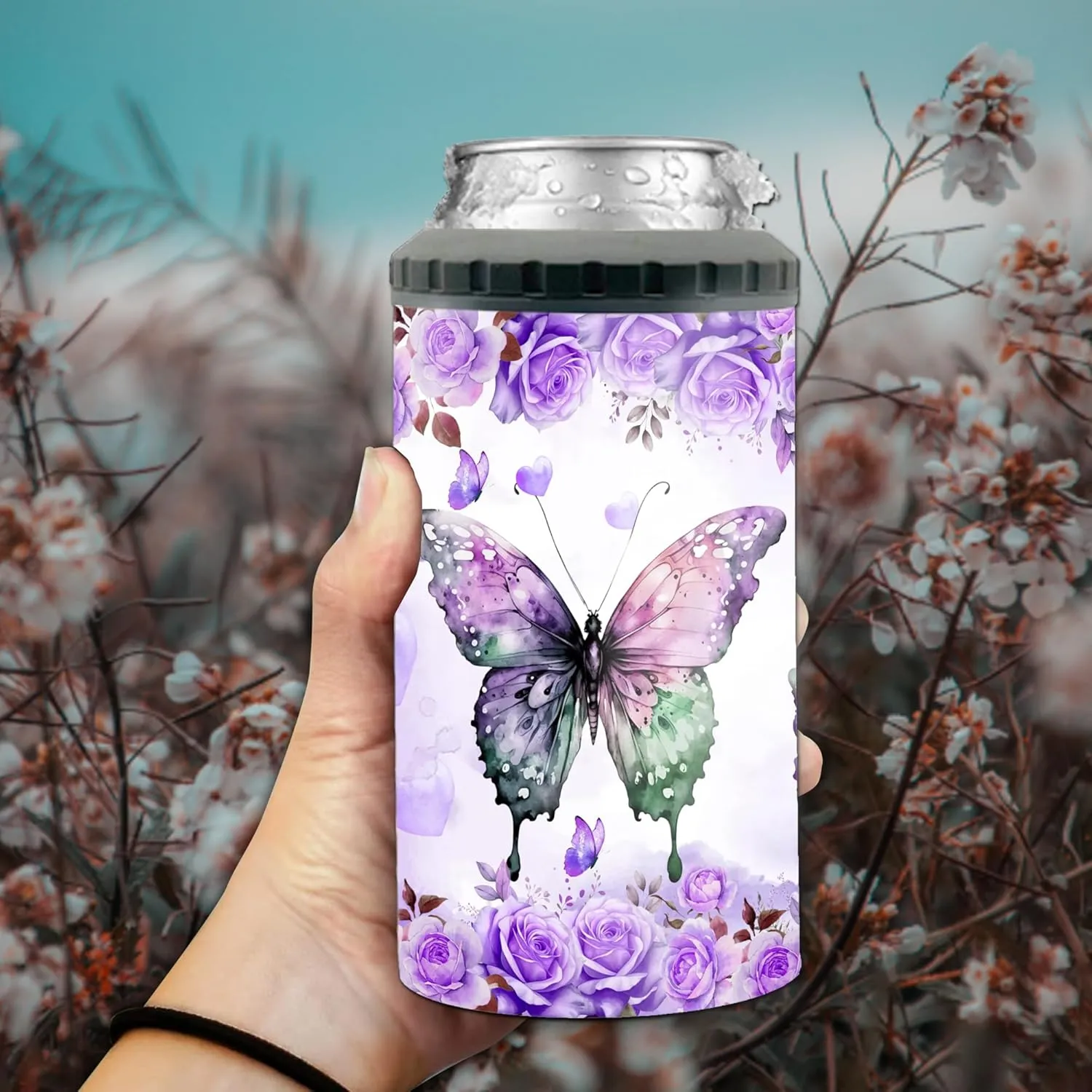 Personalized Purple Butterfly Can Cooler 4-in-1 Insulated 16oz Tumbler With Lid For Girls Mom Women Butterflies Lovers Mothers Day Birthday Christmas Beer Holder Double Walled Cups Works All 12oz Cans