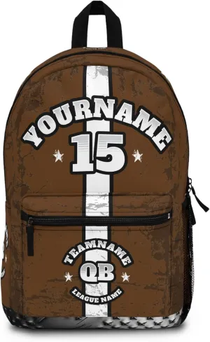 Personalized Sport Backpack Soccer, Basketball, Baseball, Football Team Gift: Name, #, Colors, Logo; Team Travel Bag (Brown White)