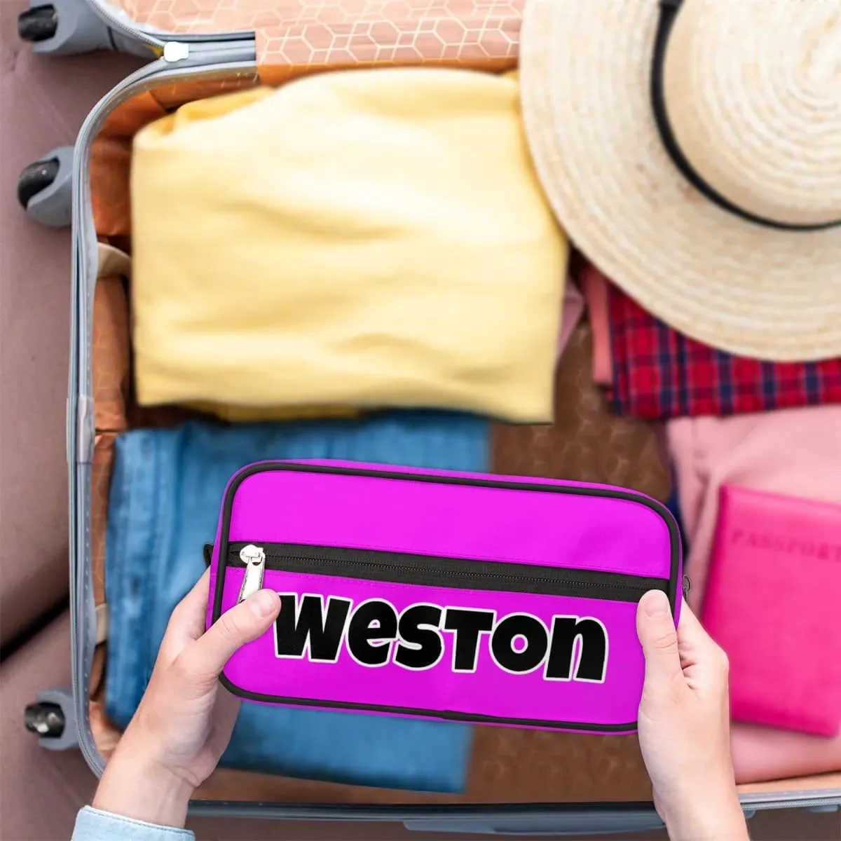 Personalized Toiletry Bag for Women Custom Name Waterproof Cosmetic Makeup Bag Shaving Bag for Men Bathroom Travel Storage Bags with Handle for Work, Bright Pink
