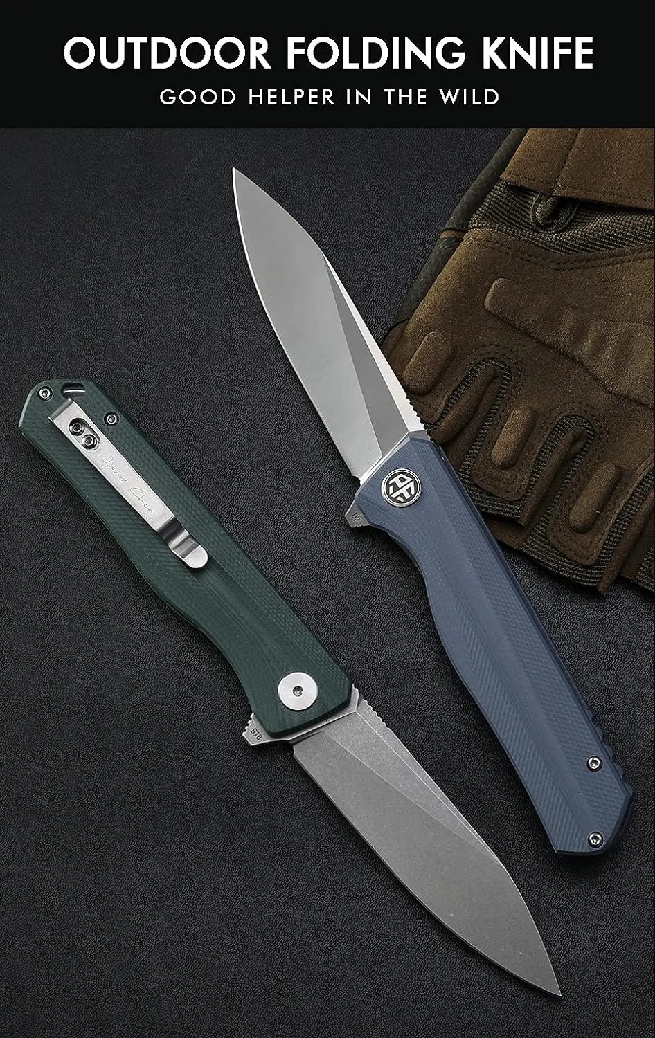 Petrified fish G10 handle D2 steel blade 2CR13 liner ball bearing flipper folding knife camping hunting EDC pocket tool PF818 (Gray, Stonewash)