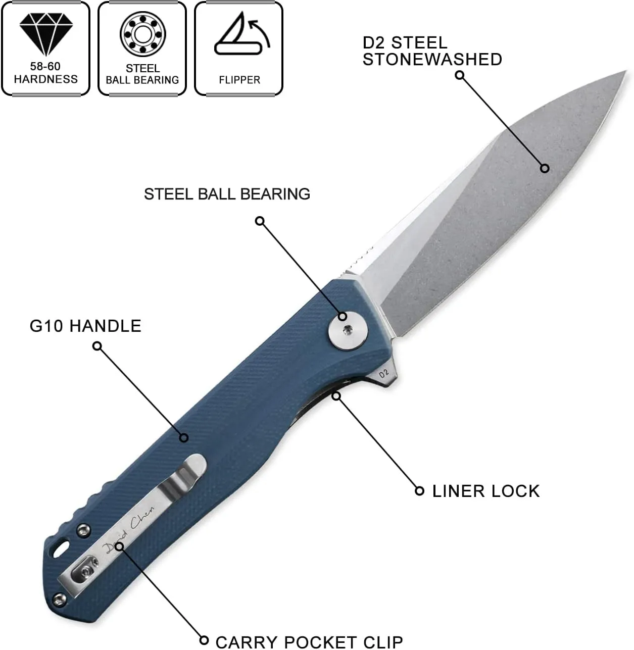 Petrified fish G10 handle D2 steel blade 2CR13 liner ball bearing flipper folding knife camping hunting EDC pocket tool PF818 (Gray, Stonewash)