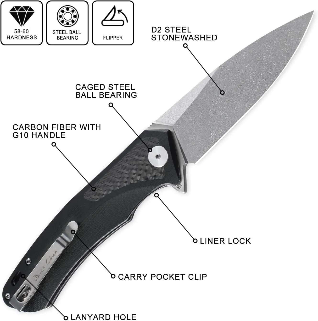 Petrified fish PF838 3.74" D2 steel folding knife outdoor tactical pocket knives G10 handle camping hunting Cutter EDC tool (White Stonewash, White Stonewash)