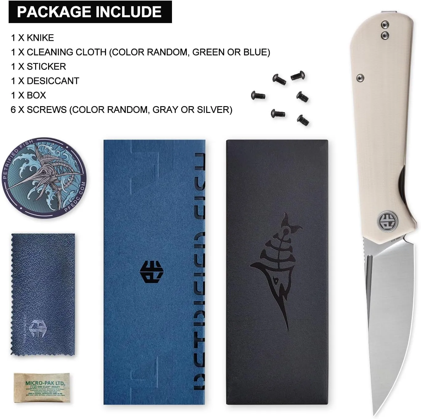 Petrified fish Pocket Knife PFP07 Viking, 3.62" K110 Satin Blade, 3.95oz Micarta Handle Front Flipper Liner lock Folding knife (White Satin)