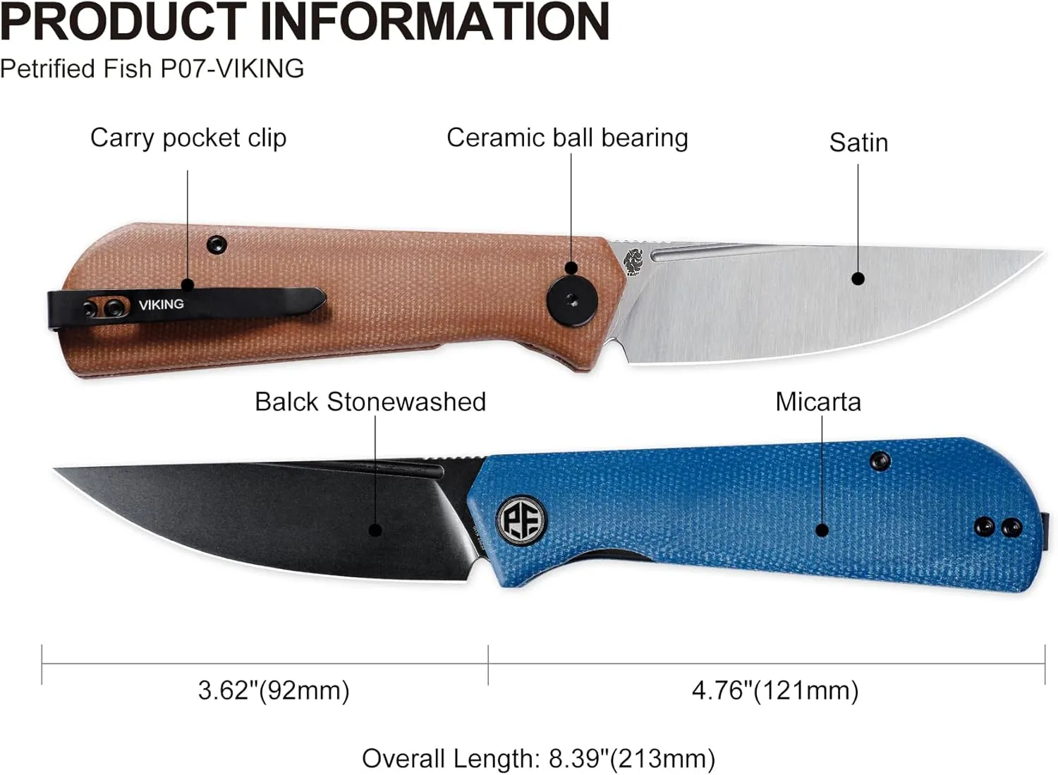 Petrified fish Pocket Knife PFP07 Viking, 3.62" K110 Satin Blade, 3.95oz Micarta Handle Front Flipper Liner lock Folding knife (White Satin)