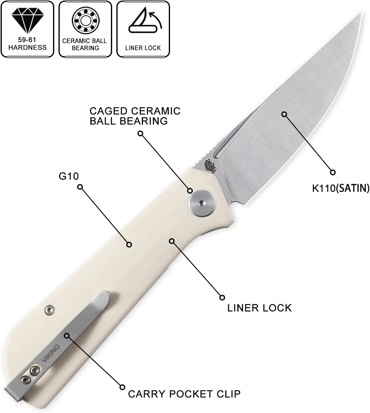 Petrified fish Pocket Knife PFP07 Viking, 3.62" K110 Satin Blade, 3.95oz Micarta Handle Front Flipper Liner lock Folding knife (White Satin)