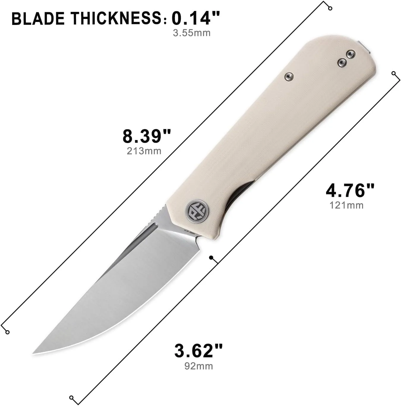 Petrified fish Pocket Knife PFP07 Viking, 3.62" K110 Satin Blade, 3.95oz Micarta Handle Front Flipper Liner lock Folding knife (White Satin)