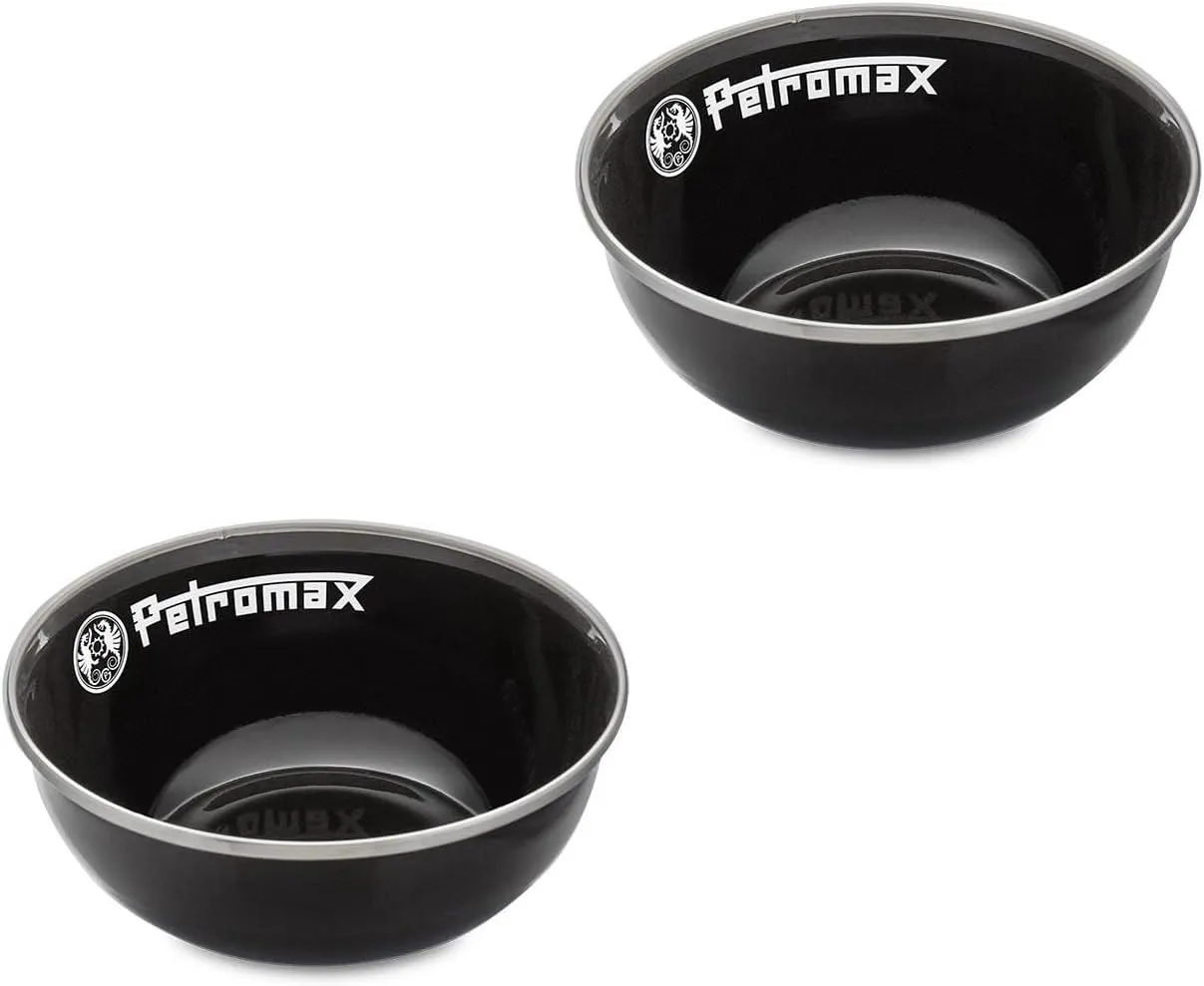 Petromax Enamelware Dinnerware Bowls, Traditional Lightweight Enameled Steel Tableware for Kitchen and Camping, 2 Pack for Hot or Cold Food, 5.4 oz, Black