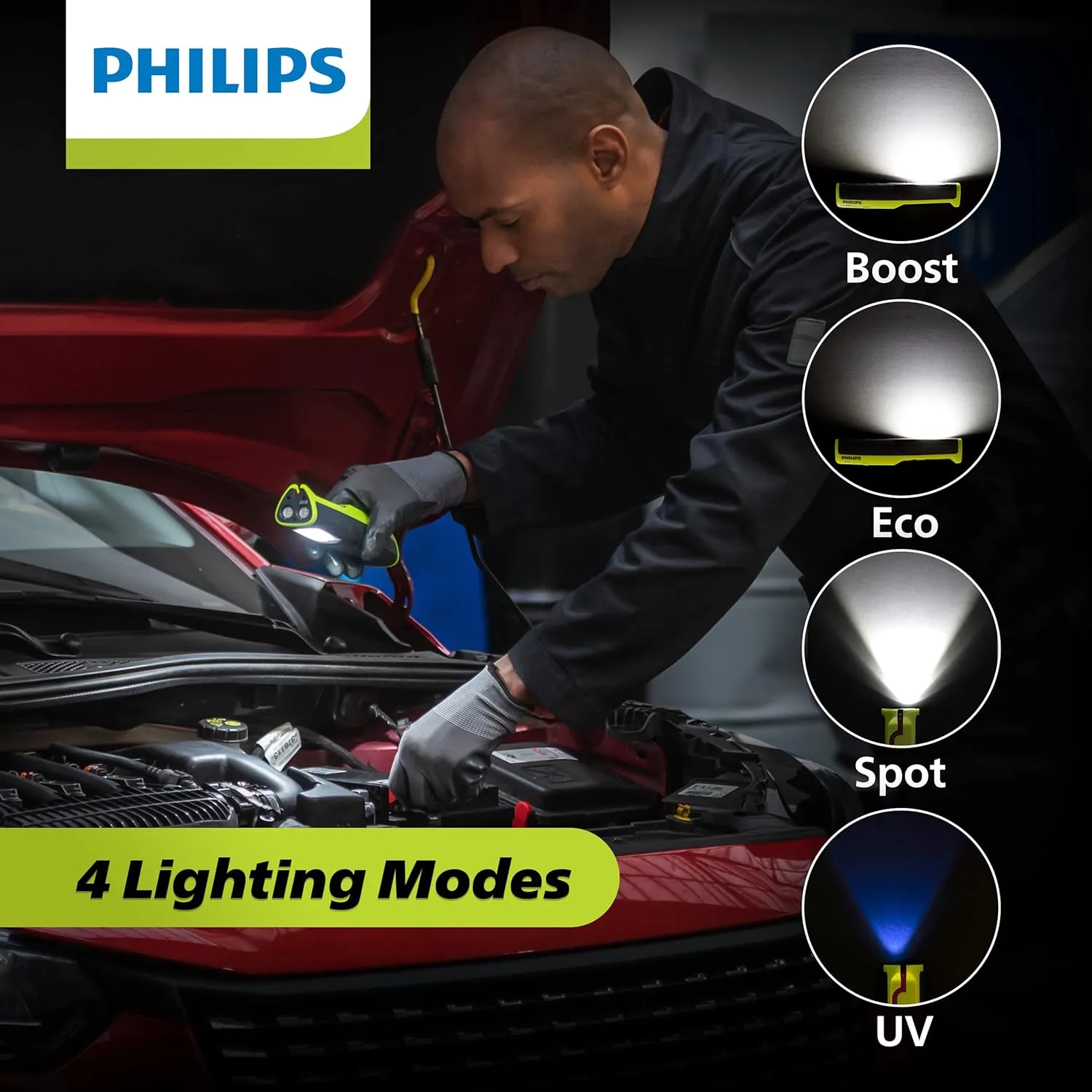 Philips Xperion 6000 UV Pillar Rechargeable LED Work Light, 500 Lumen Professional Handheld Flashlight and UV Leak Detection with Magnetic Base and Hanger Hook for Mechanics, Construction