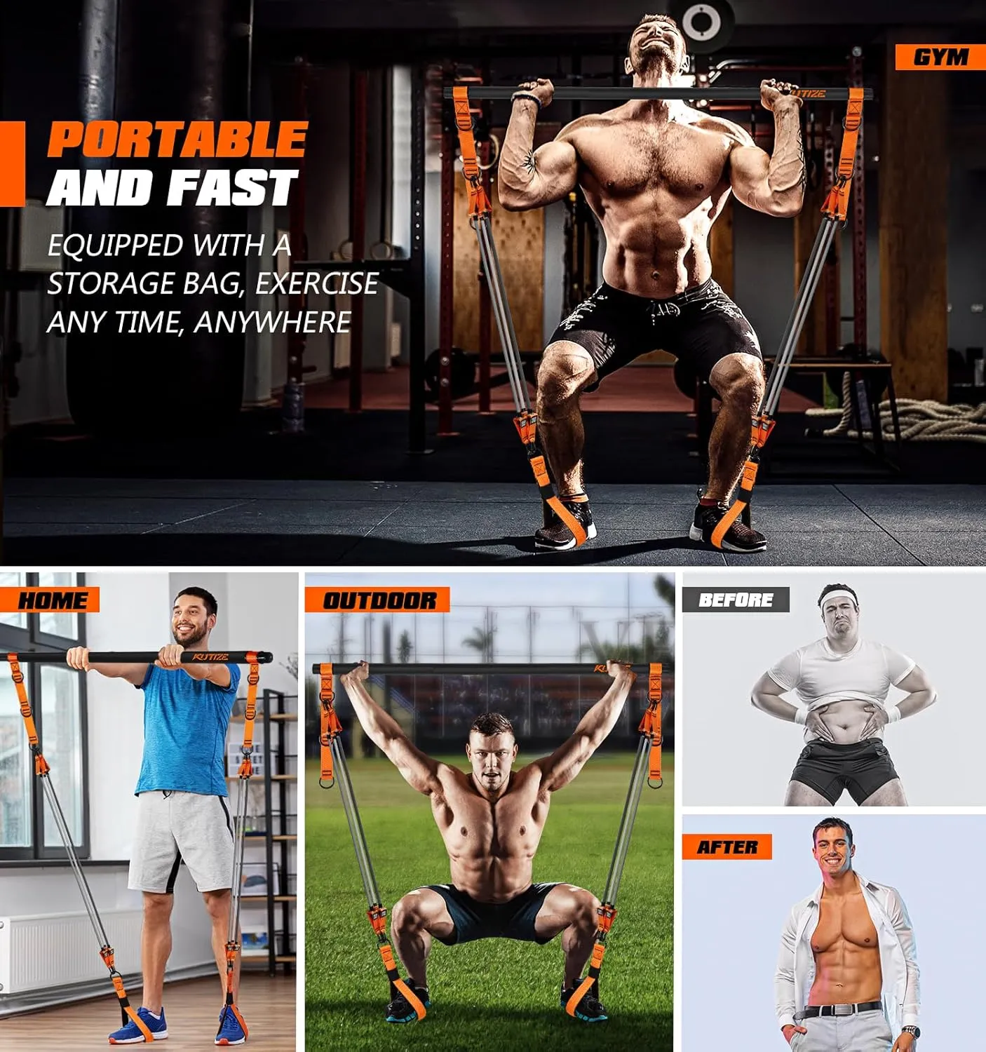 Pilates Bar Kit with Resistance Bands, Heavy Duty Pilates Equipment for Men, Strength Training Bar for Legs, Hip, Waist Back, Arm, Abs, Chest, Shoulders, Portable Home Gym Full Body Workout Equipment
