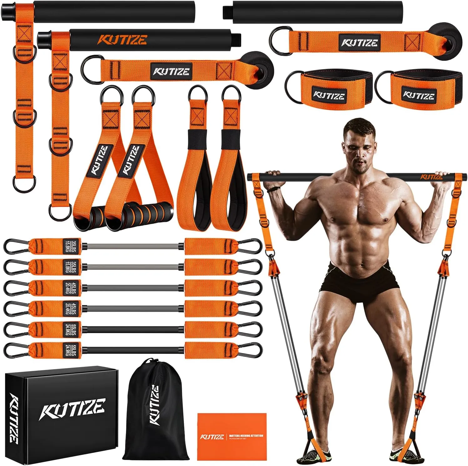 Pilates Bar Kit with Resistance Bands, Heavy Duty Pilates Equipment for Men, Strength Training Bar for Legs, Hip, Waist Back, Arm, Abs, Chest, Shoulders, Portable Home Gym Full Body Workout Equipment