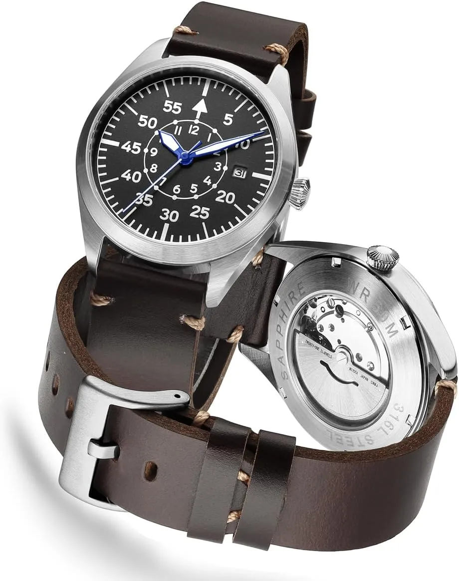 Pilot Watch Men's Aviator Wrist Watch Japan Automatic Movement Mechanical Watches Stainless Steel Case Flieger Timepieces with Luminous Waterproof
