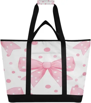 Pink Bow Reusable Insulated Lunchbox Cooler Bag, Leakproof Kitchen Grocery Bag Collapsible Portable Cooler Tote Bag for Picnic, Camping, Office, Travel