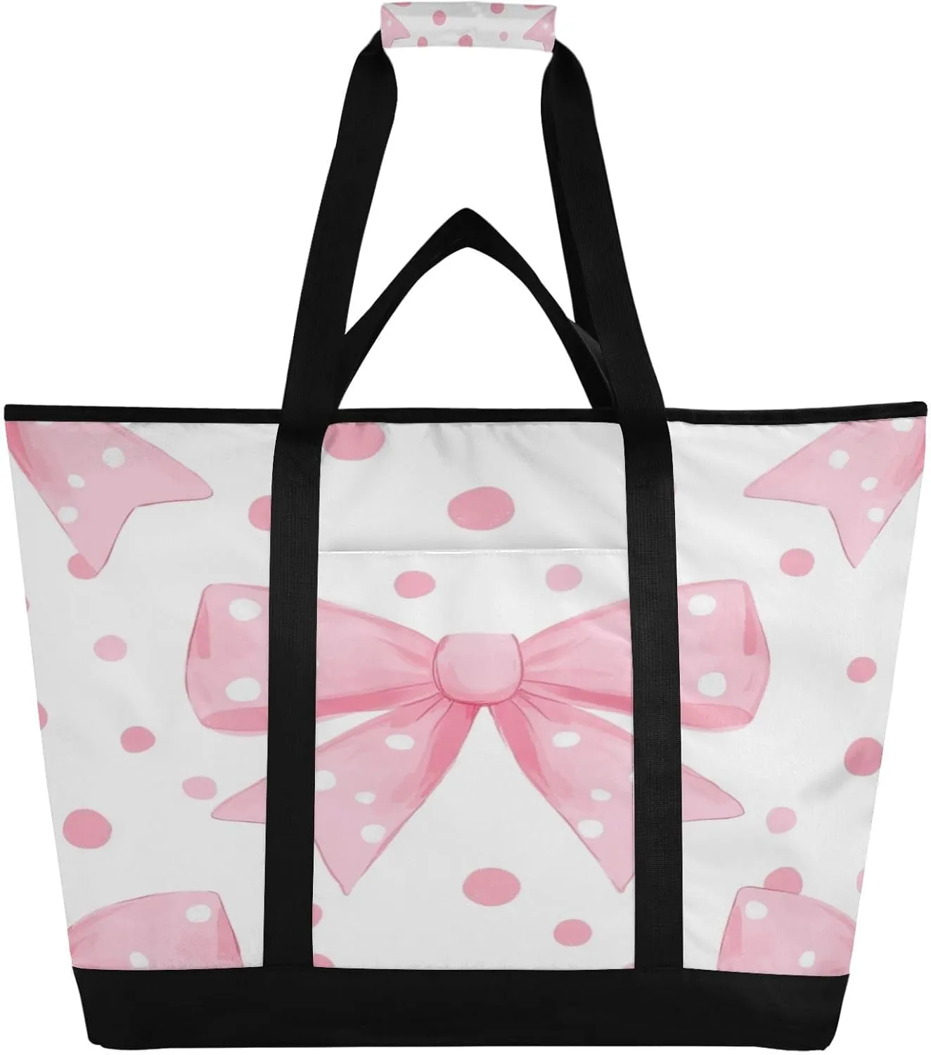 Pink Bow Reusable Insulated Lunchbox Cooler Bag, Leakproof Kitchen Grocery Bag Collapsible Portable Cooler Tote Bag for Picnic, Camping, Office, Travel