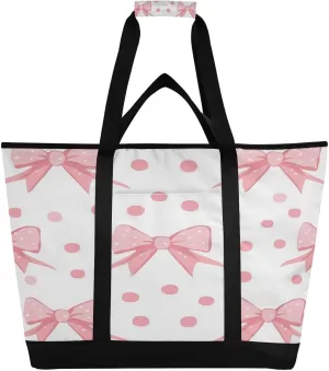 Pink Bow Reusable Insulated Lunchbox Cooler Bag, Leakproof Kitchen Grocery Bag Collapsible Portable Cooler Tote Bag for Picnic, Camping, Office, Travel