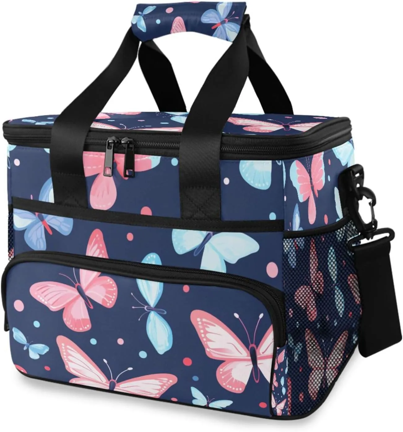 Pink Butterfly Tropical Butterflies Blue Cooler Bag Insulated Cooler Soft Sided Cooler 24 Can Portable Picnic Bag Large Leakproof Lunch Bag Box for Beach Grocery Camping Travel Car Men Women