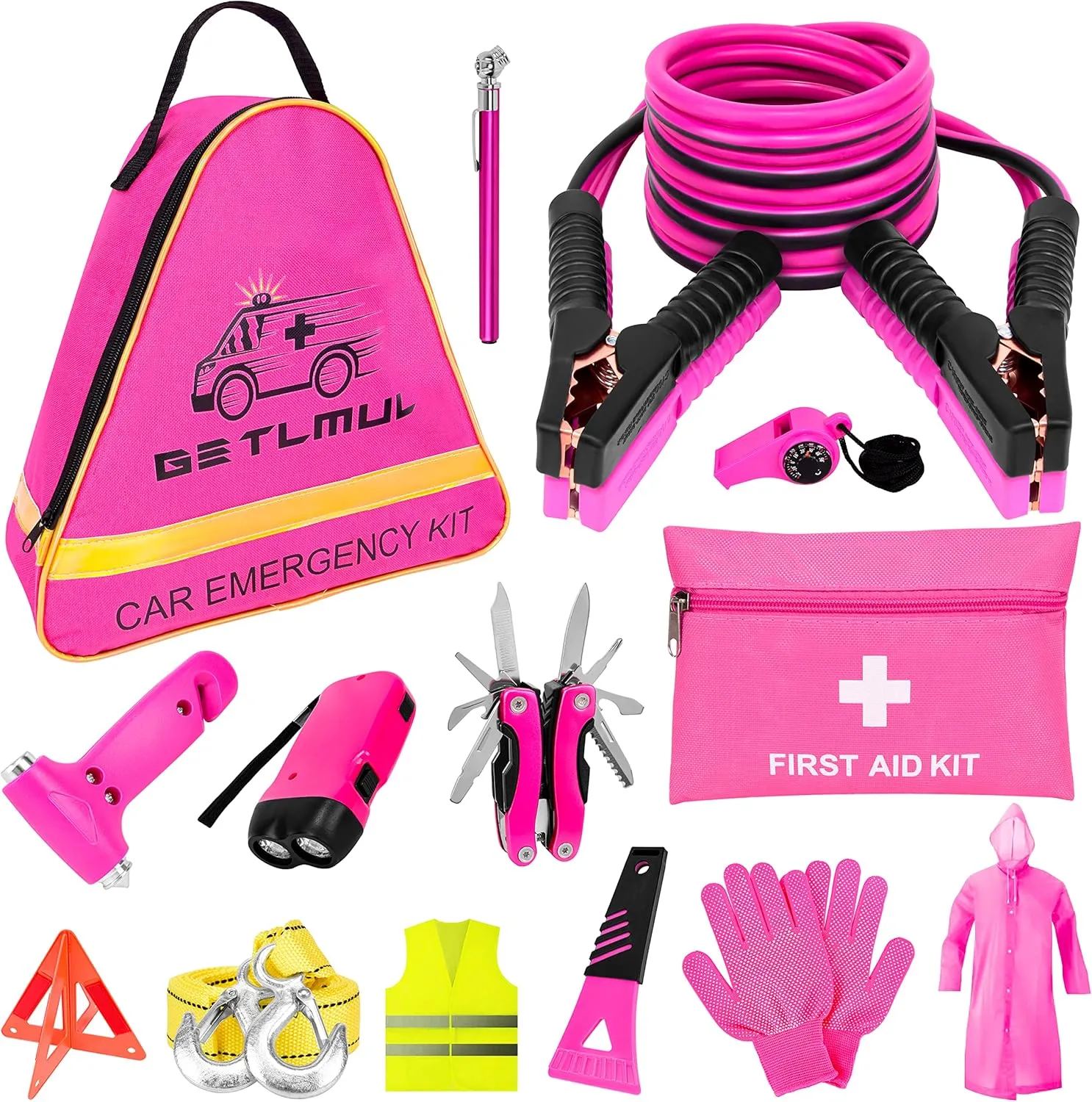 Pink Car Emergency Kit, Premium Roadside Emergency Car Accessories Kit with Jumper Cables, Flashlight, Shovel, Screwdriver Set, etc Car Accessories for Women