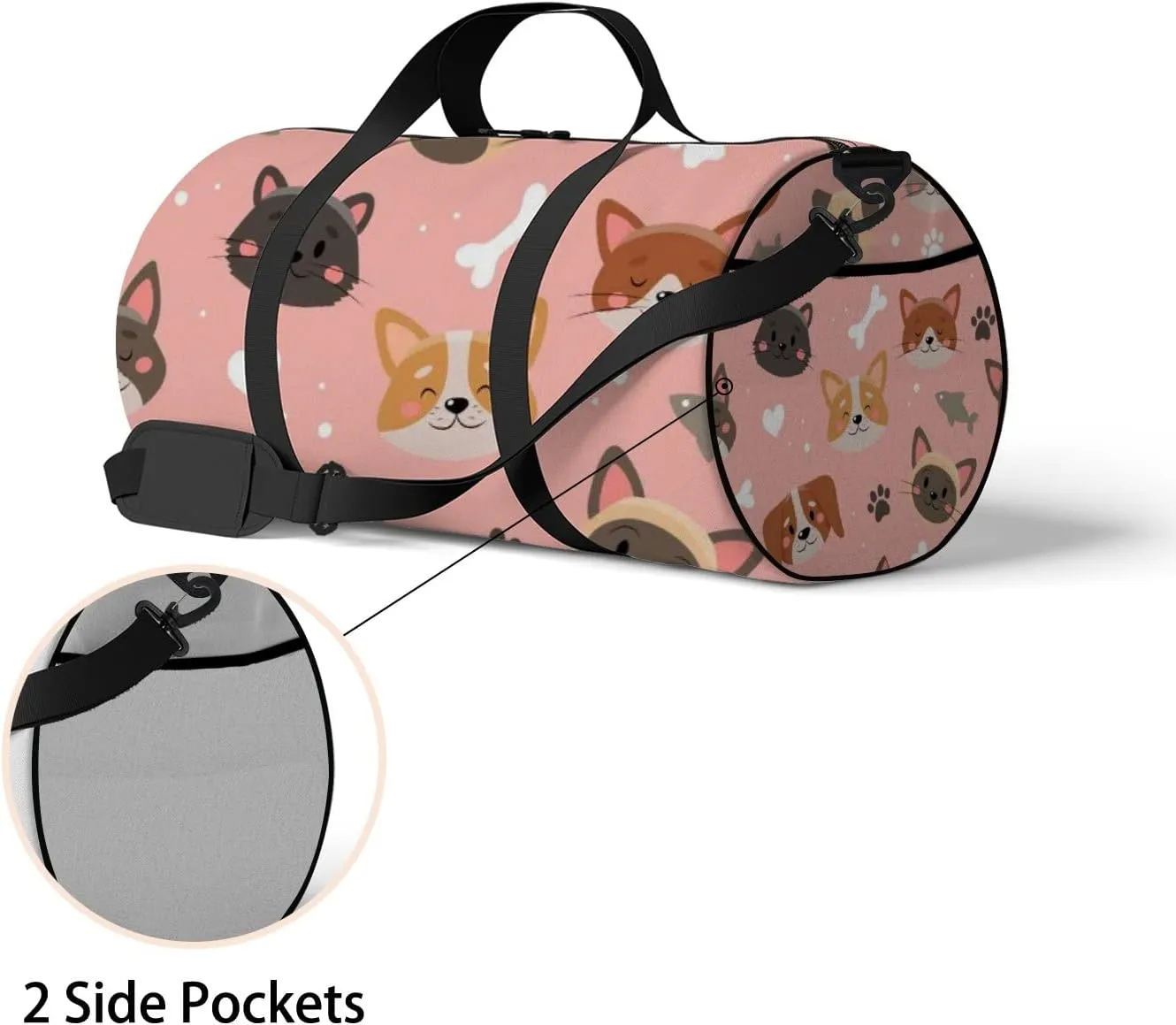 Pink Cute Kawaii Cat and Dog Sports Bag Tote Bag Waterproof Gym Bag with Shoulder Strap Zipper 2 Side Pockets for Men and Women, Travel and Storage Shoulder Bag.