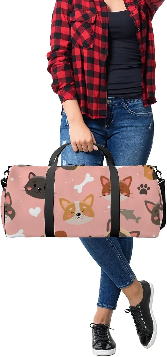 Pink Cute Kawaii Cat and Dog Sports Bag Tote Bag Waterproof Gym Bag with Shoulder Strap Zipper 2 Side Pockets for Men and Women, Travel and Storage Shoulder Bag.