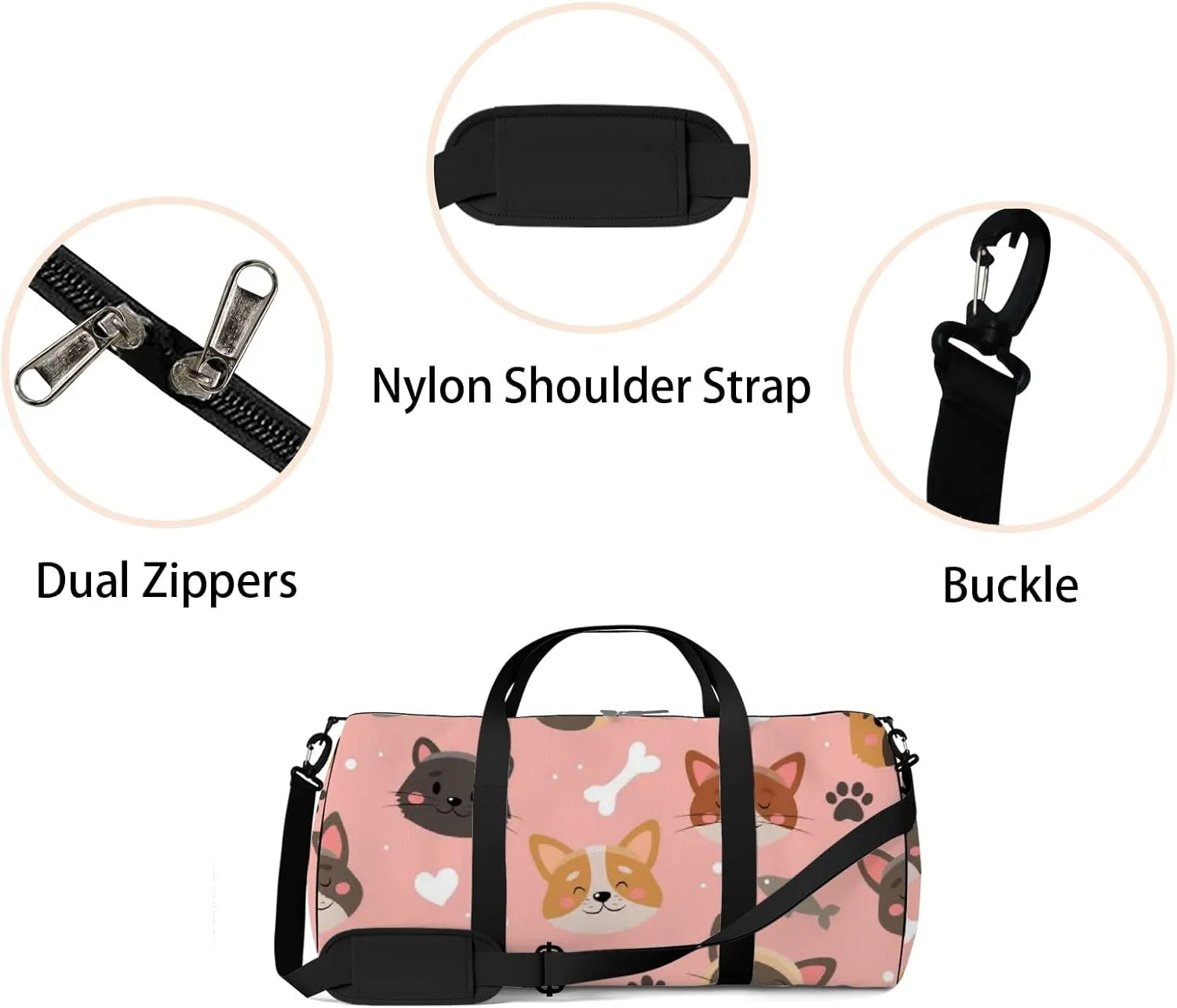 Pink Cute Kawaii Cat and Dog Sports Bag Tote Bag Waterproof Gym Bag with Shoulder Strap Zipper 2 Side Pockets for Men and Women, Travel and Storage Shoulder Bag.