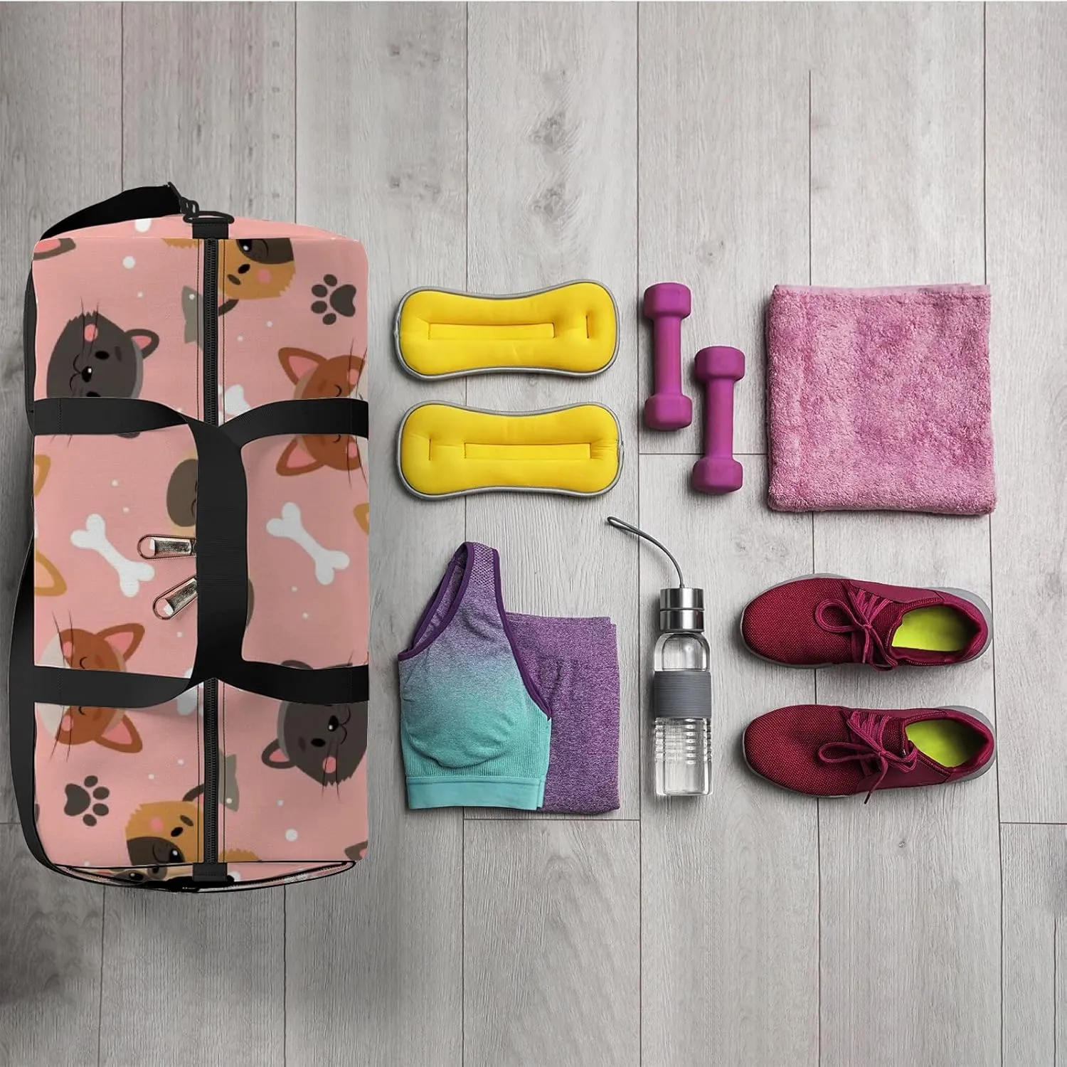 Pink Cute Kawaii Cat and Dog Sports Bag Tote Bag Waterproof Gym Bag with Shoulder Strap Zipper 2 Side Pockets for Men and Women, Travel and Storage Shoulder Bag.