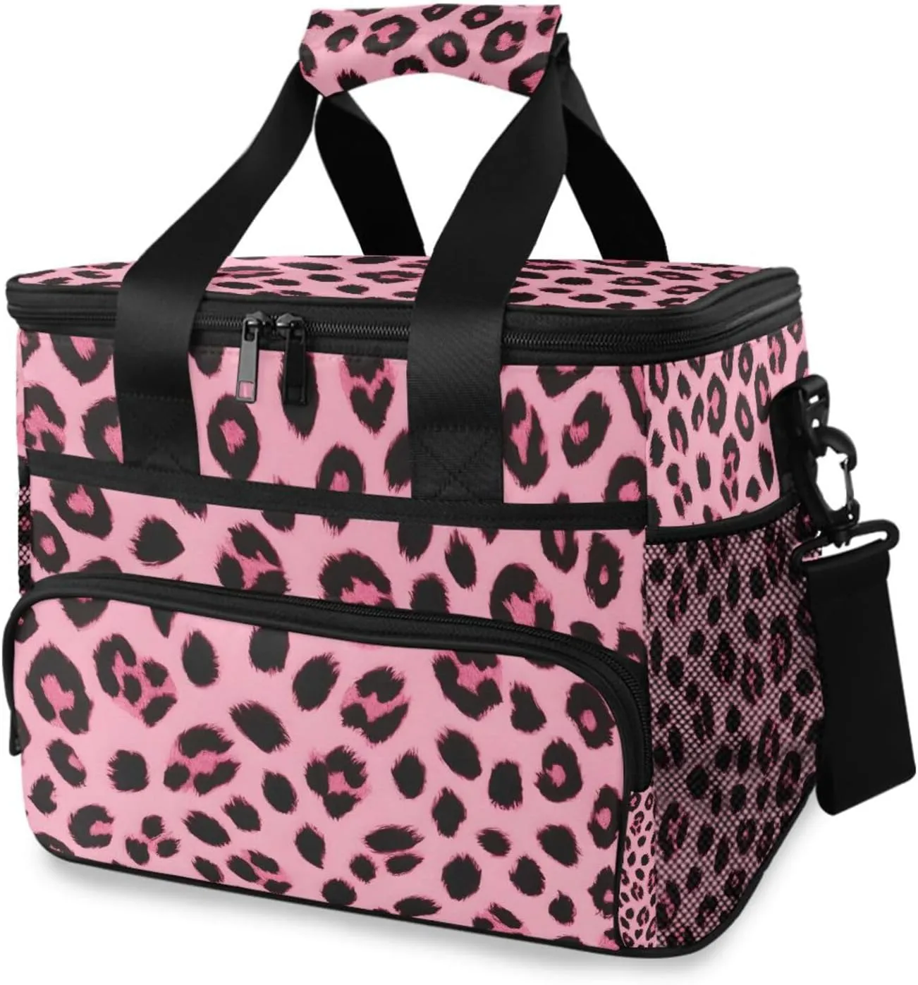 Pink Leopard Pattern Cheetah Cooler Bag Insulated Cooler Soft Sided Cooler 24 Can Portable Picnic Bag Large Leakproof Lunch Bag Box for Beach Grocery Camping Travel Car Men Women