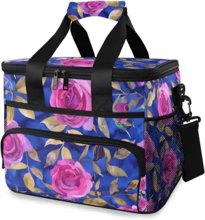 Pink Roses Flower Blue Cooler Bag Insulated Cooler Soft Sided Cooler 24 Can Portable Picnic Bag Large Leakproof Lunch Bag Box for Beach Grocery Camping Travel Car Men Women