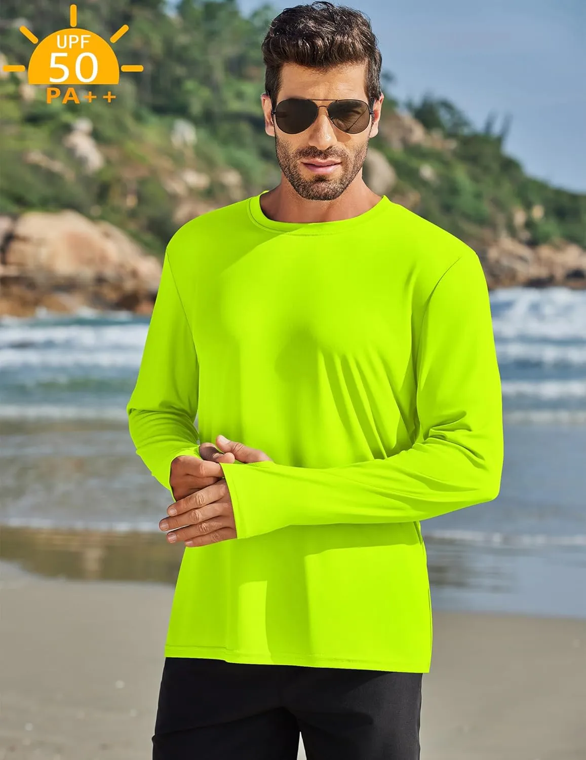 PINSPARK 2 Pack Men's Rash Guard Shirts with Thumb Holes Lightweight UPF 50  Long Sleeve Sun Shirt Quick Dry Swimming Shirts
