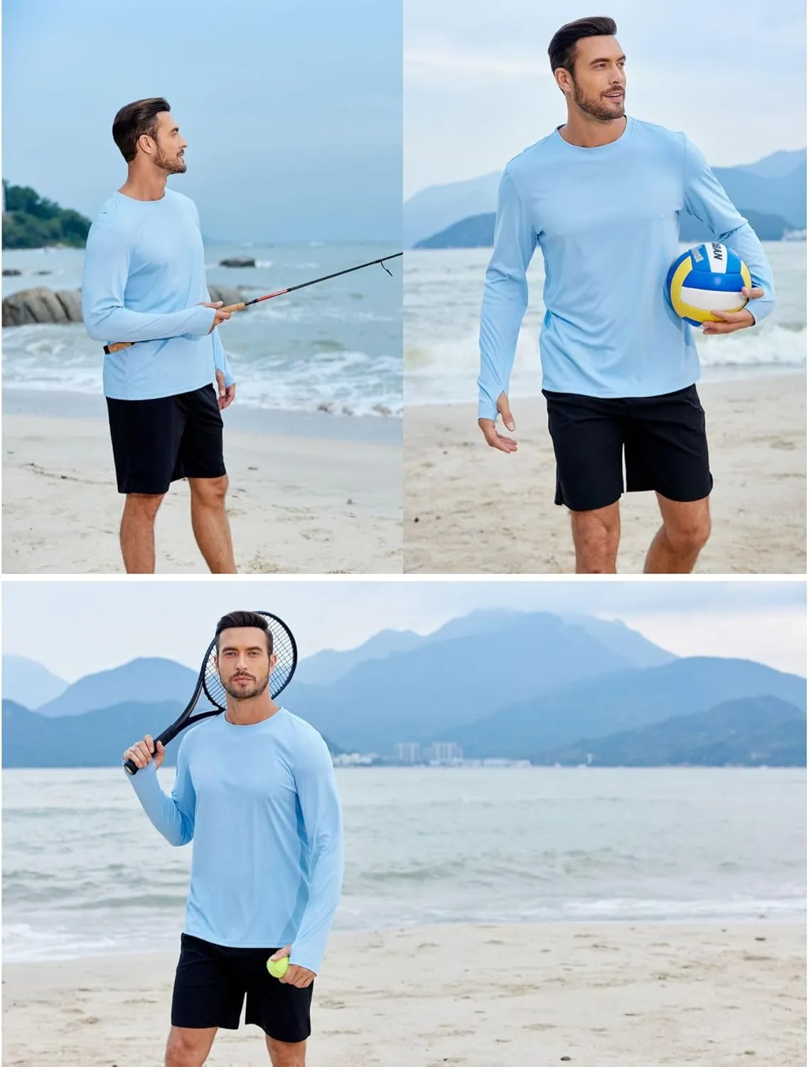 PINSPARK 2 Pack Men's Rash Guard Shirts with Thumb Holes Lightweight UPF 50  Long Sleeve Sun Shirt Quick Dry Swimming Shirts