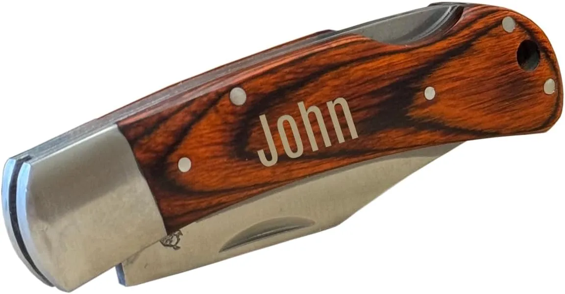 PlaqueMaker Customizable Folding Knives or Multi-tools, Personalized Pocket Knife for Men and Women, Gift for Father's Day, Birthday, Anniversary, Wedding, Housewarming (Wood with Sheath)