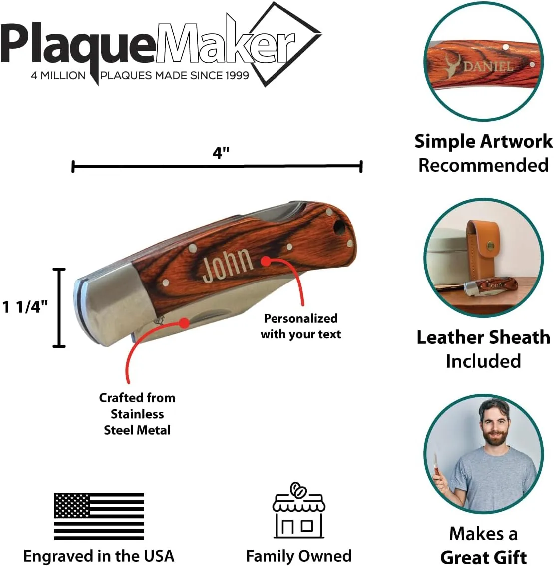 PlaqueMaker Customizable Folding Knives or Multi-tools, Personalized Pocket Knife for Men and Women, Gift for Father's Day, Birthday, Anniversary, Wedding, Housewarming (Wood with Sheath)
