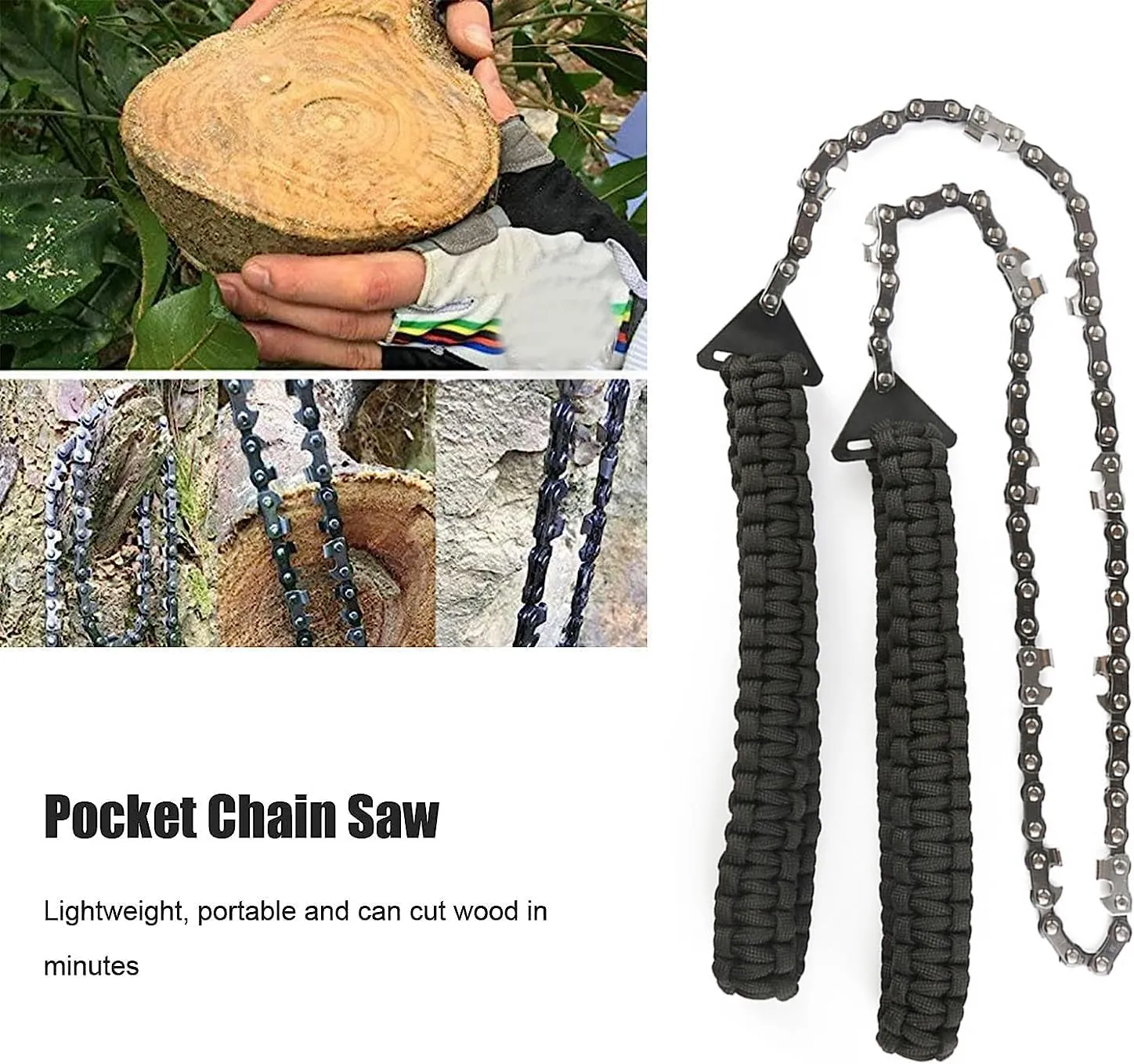 Pocket Chainsaw with Paracord Handle 24inch 11teeth Rope Saw Hand Saw Emergency Outdoor Survival Gear Folding Chain Wire Fast Wood & Tree Cutting Best for Camping Backpacking Hiking Hunting