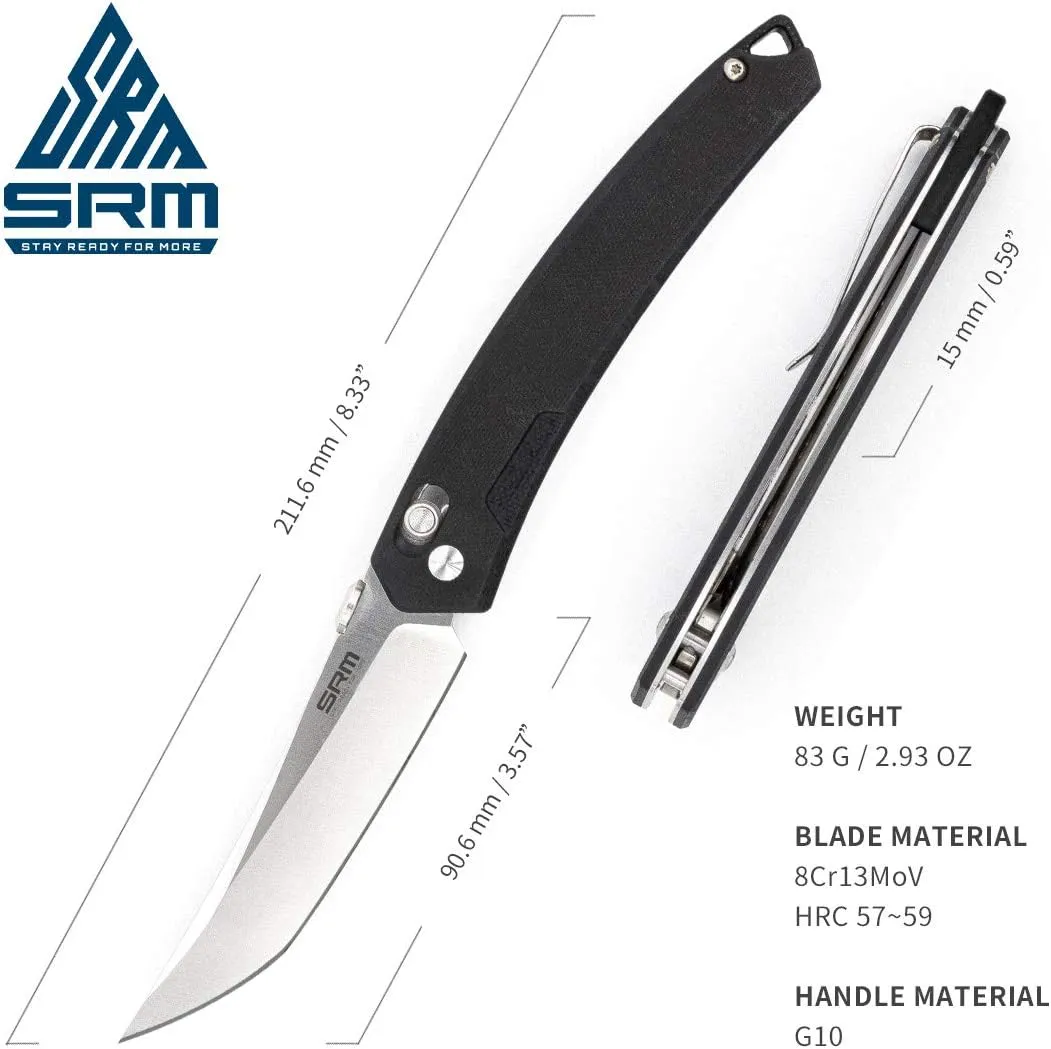 Pocket Folding Knife, Ambidextrous Lock, G10 Handle, Pocket Clip, deisnged for EDC, Survival, Outdoor Uses. SRM (Black)