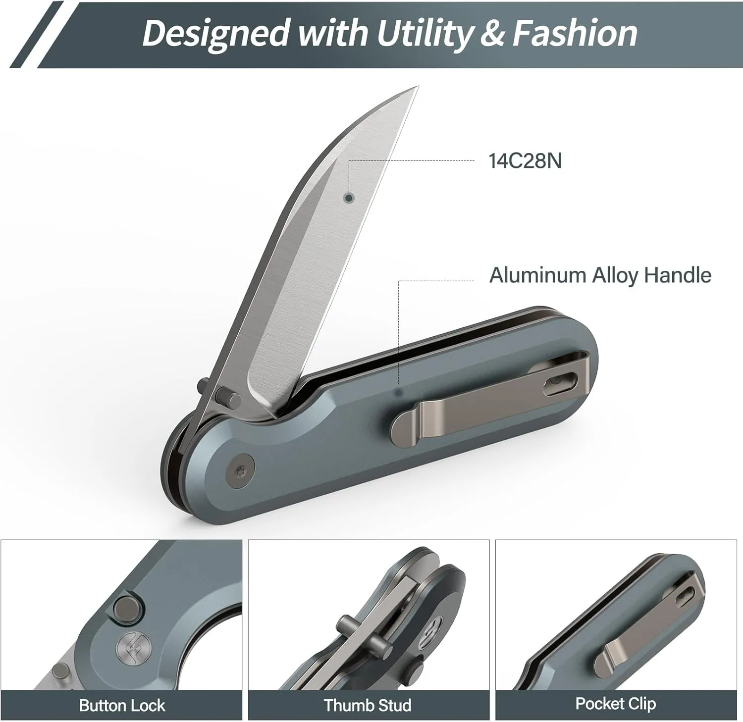 Pocket Knife, 3" 14C28N Blade EDC Knife with Aluminum Alloy Handle, Folding Knife with Pocket Clip for Outdoor Camping, Hunting, Hiking, Survival, Parrot Series