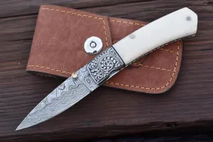 Pocket Knife for Men - Handcrafted Damascus Steel Folding Blade with Sheath Pouch – Rare Ergonomic Bone Hande - Razor Sharp Blade Ideal for EDC, Hunting, Camping, Bushcraft (BLACK GOLD)