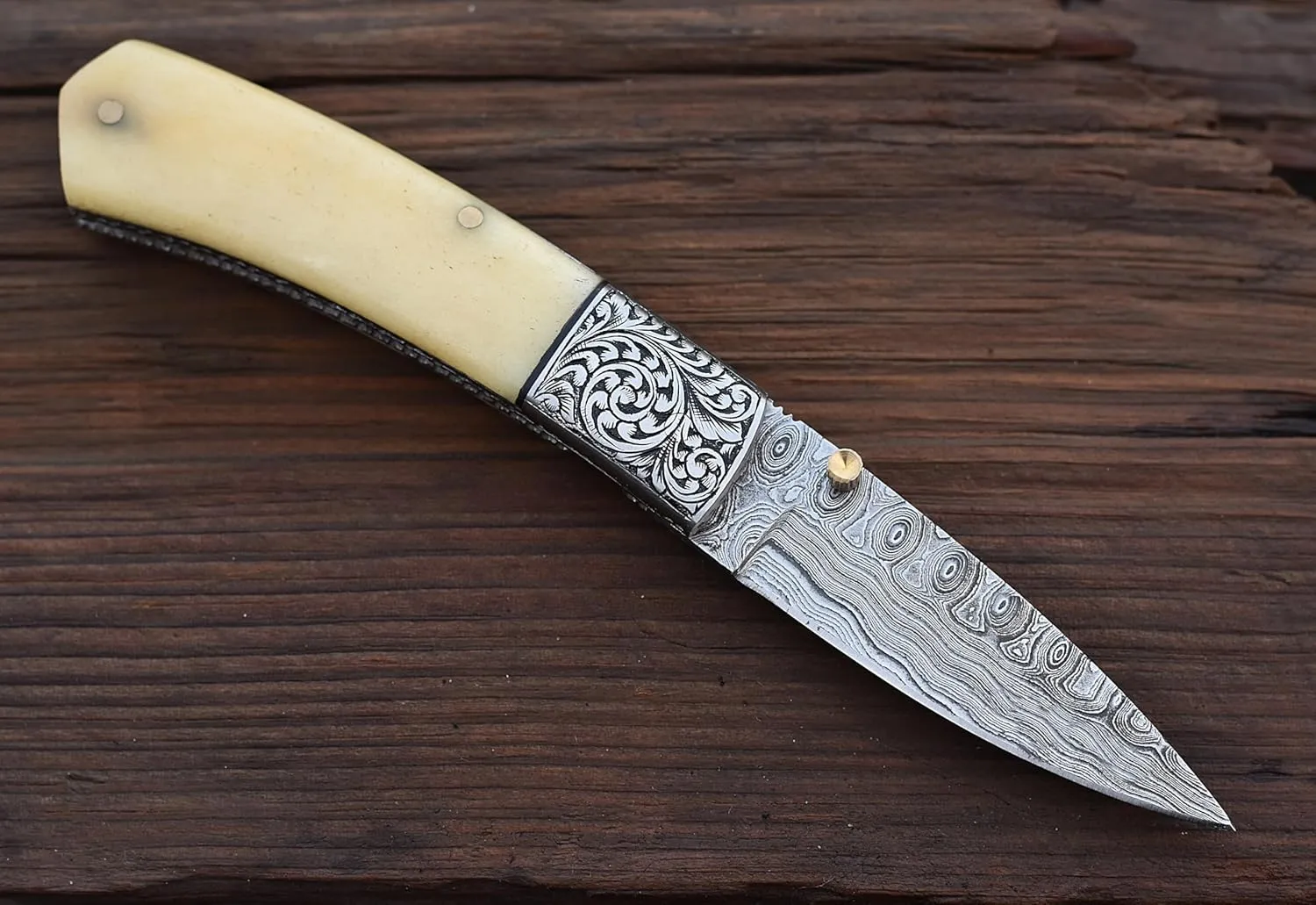 Pocket Knife for Men - Handcrafted Damascus Steel Folding Blade with Sheath Pouch – Rare Ergonomic Bone Hande - Razor Sharp Blade Ideal for EDC, Hunting, Camping, Bushcraft (BLACK GOLD)