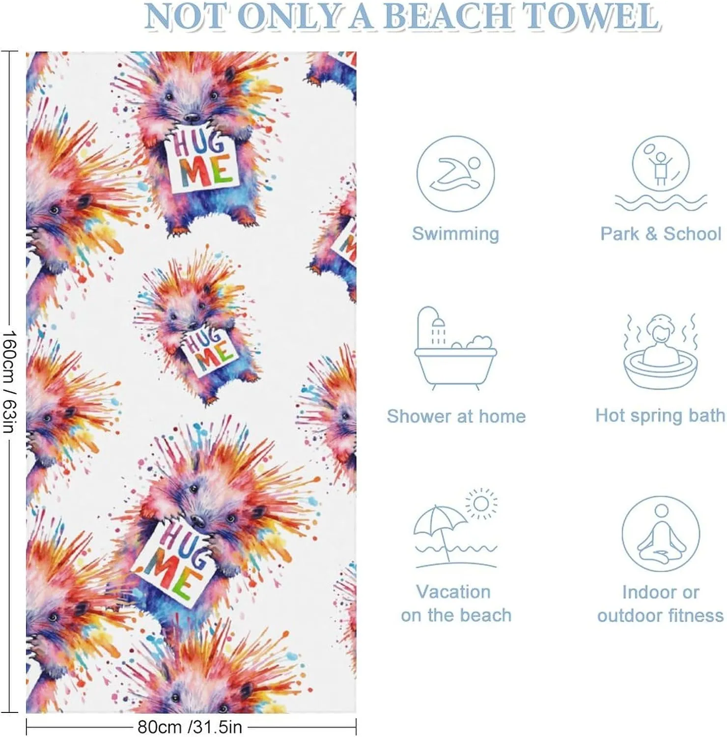 Porcupine Pigs Hug Me Print Beach Towel Bath Towels for Pool Bathroom Absorbent 160x80cm