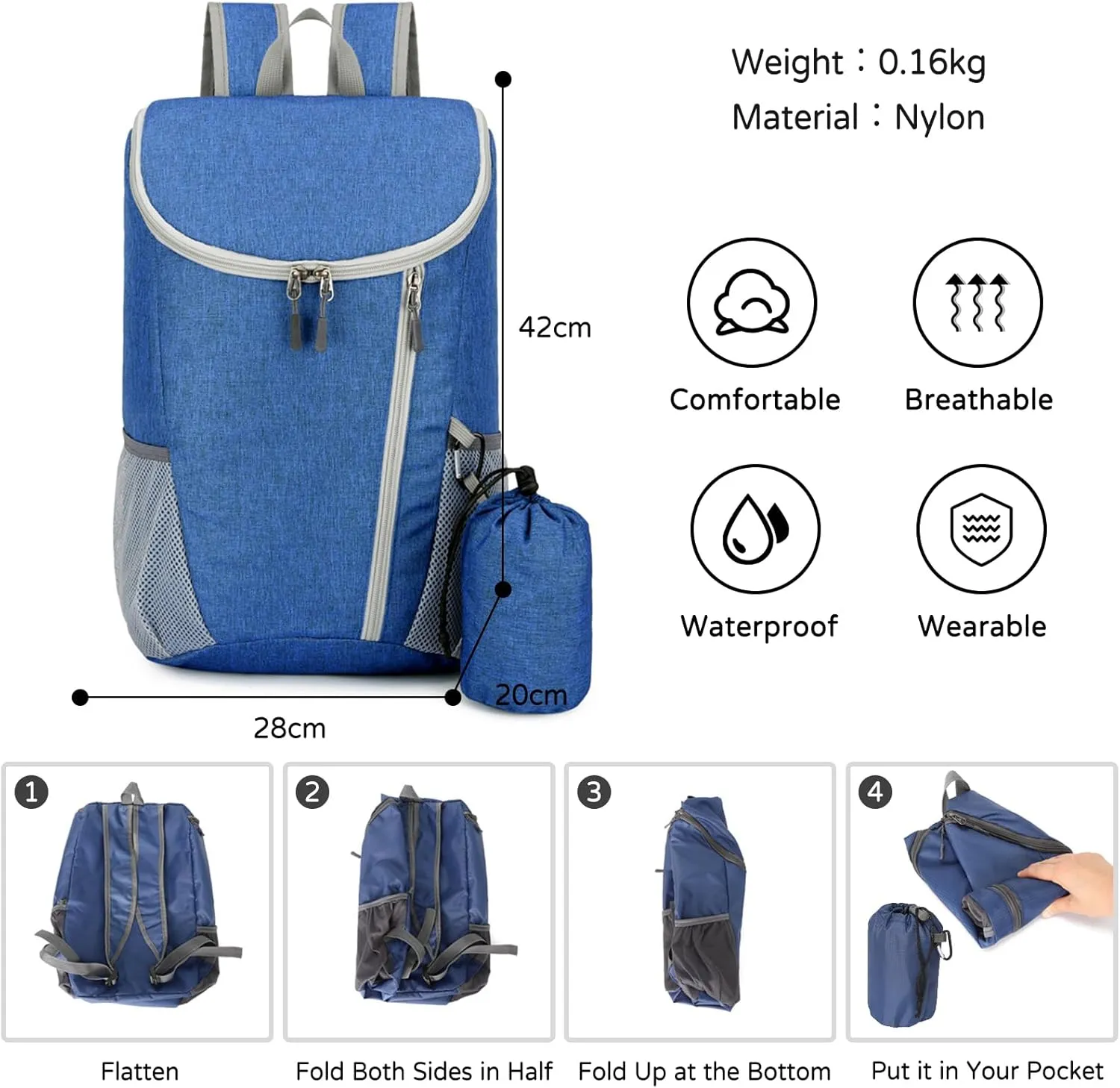 PORRASSO Hiking Backpack Foldable Waterproof Daypack Lightweight Rucksack Backpack for Women Men Camping Trekking Cycling Climbing Outdoor Sports Dark Blue B