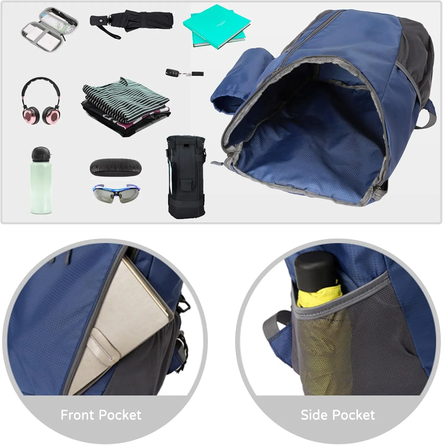 PORRASSO Hiking Backpack Foldable Waterproof Daypack Lightweight Rucksack Backpack for Women Men Camping Trekking Cycling Climbing Outdoor Sports Dark Blue B