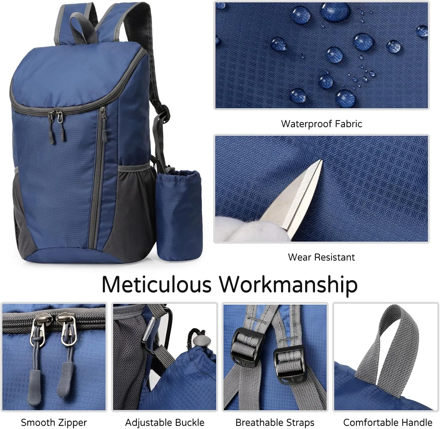 PORRASSO Hiking Backpack Foldable Waterproof Daypack Lightweight Rucksack Backpack for Women Men Camping Trekking Cycling Climbing Outdoor Sports Dark Blue B