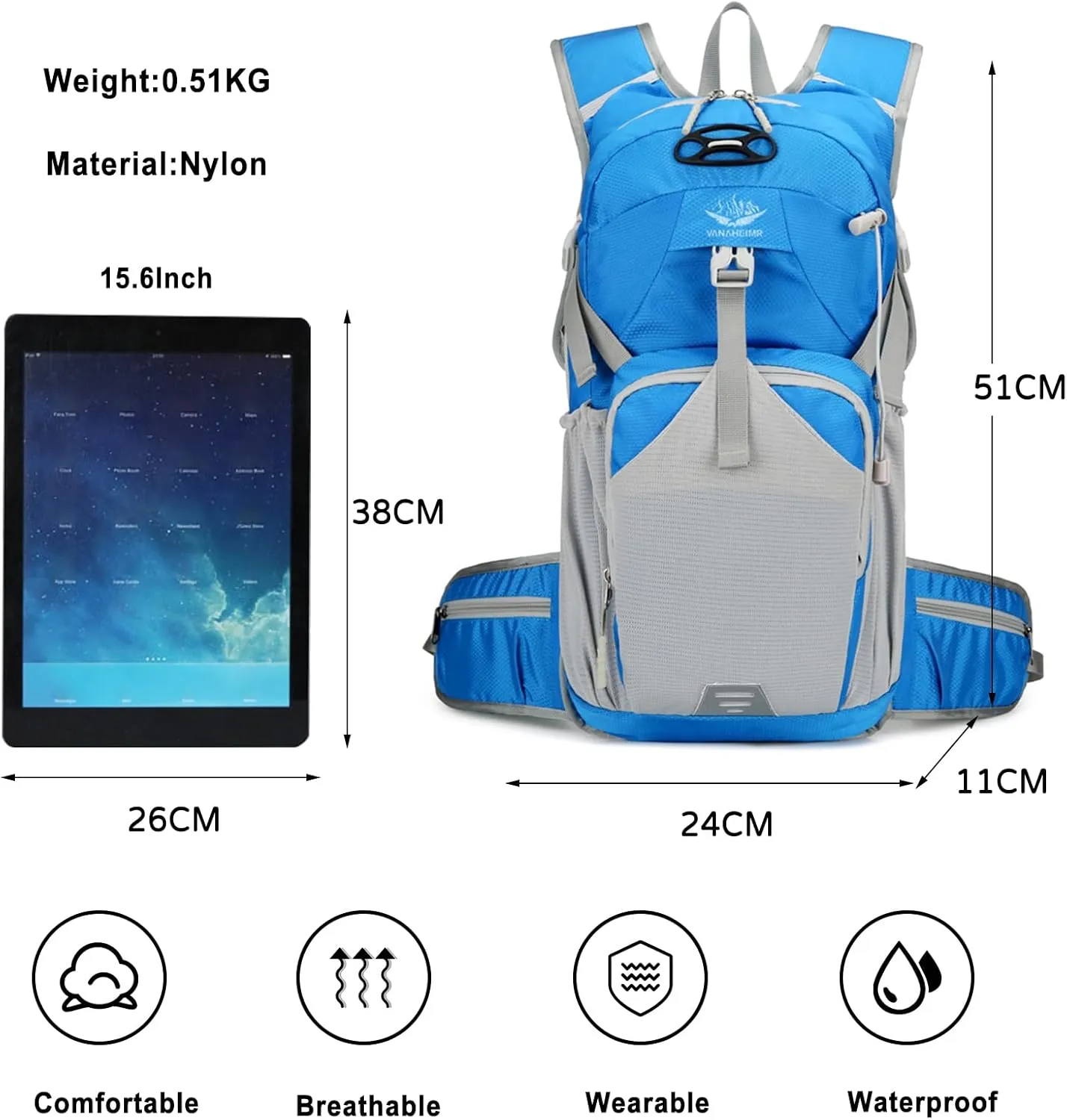 PORRASSO Hiking Backpack Waterproof Daypack 18L Rucksack Lightweight Backpack for Women Men Trekking Cycling Climbing Outdoor Sports Blue A