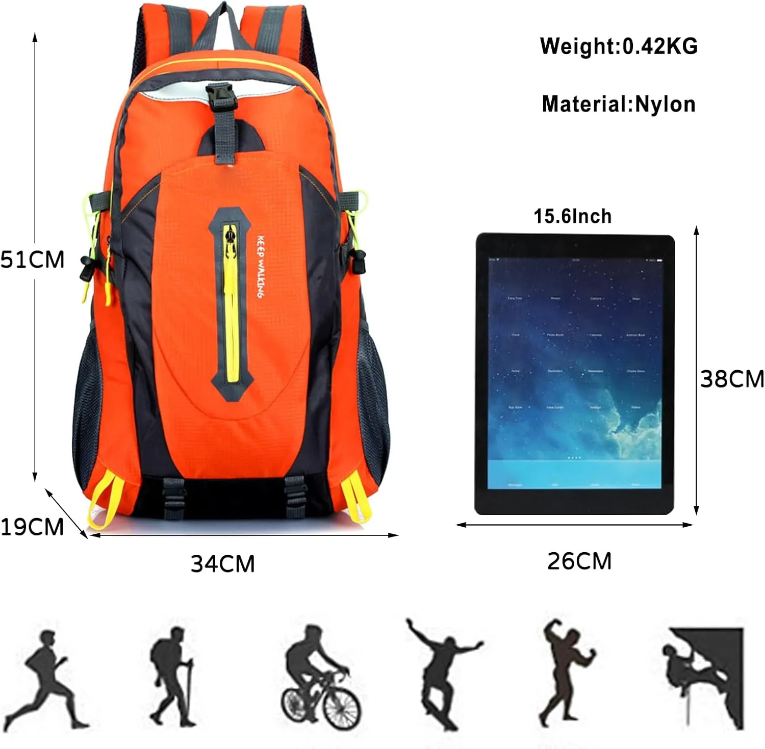PORRASSO Hiking Backpack Waterproof Rucksack 25L Daypack Durable Backpack for Women Men Camping Climbing Travel Outdoor Sports Orange