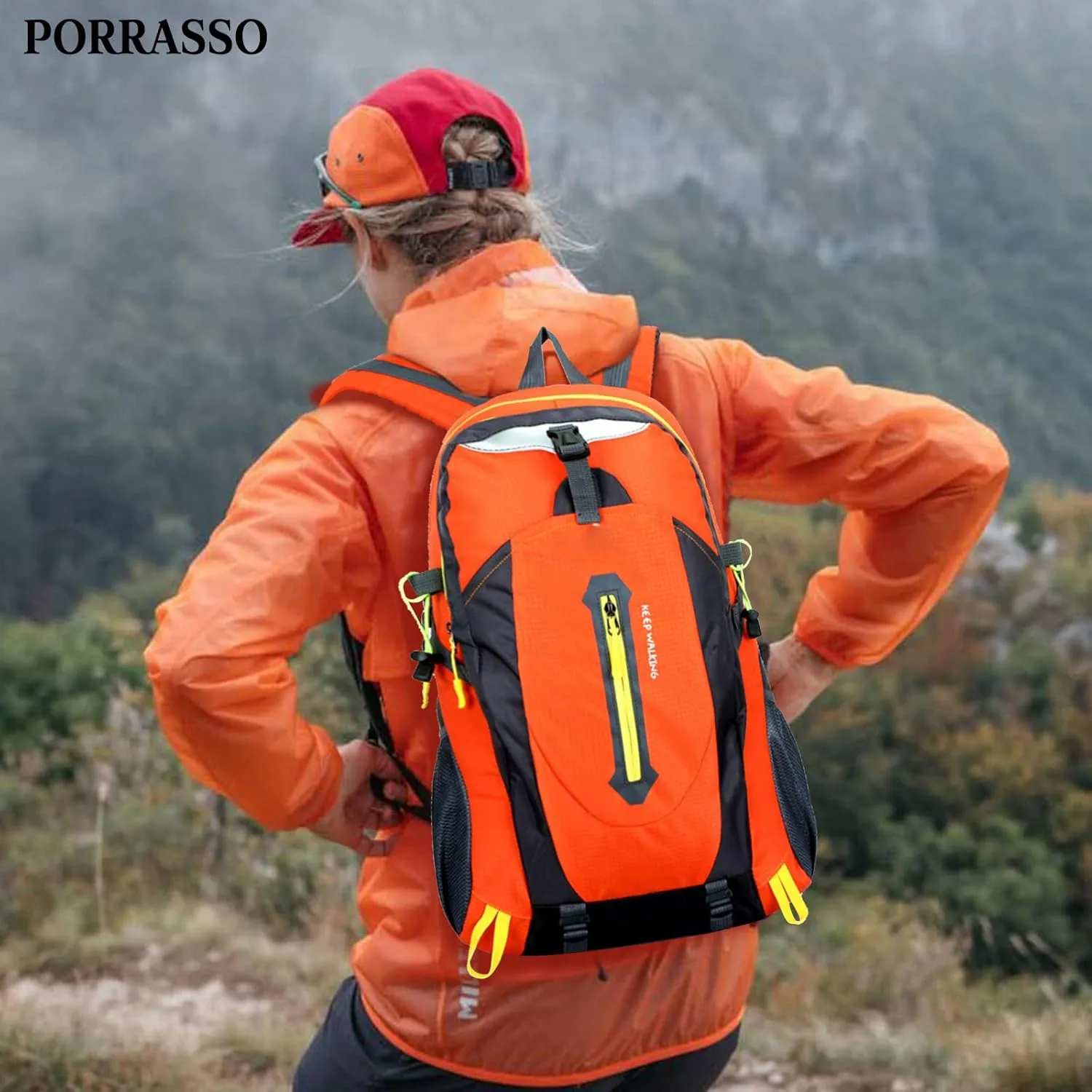 PORRASSO Hiking Backpack Waterproof Rucksack 25L Daypack Durable Backpack for Women Men Camping Climbing Travel Outdoor Sports Orange