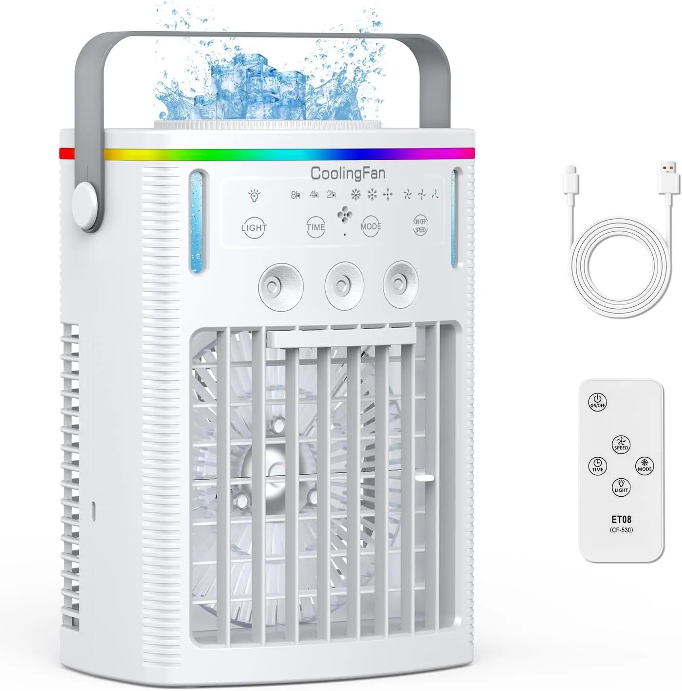 Portable Air Conditioners, 4-in-1 Personal Mini Air Cooling Fan With 1000ml Water Tank, 2/4/6H Timer, 3 Mist, 7 Night Light USB Charging Small Air Cooler Conditioner for Indoor Office Bedroom